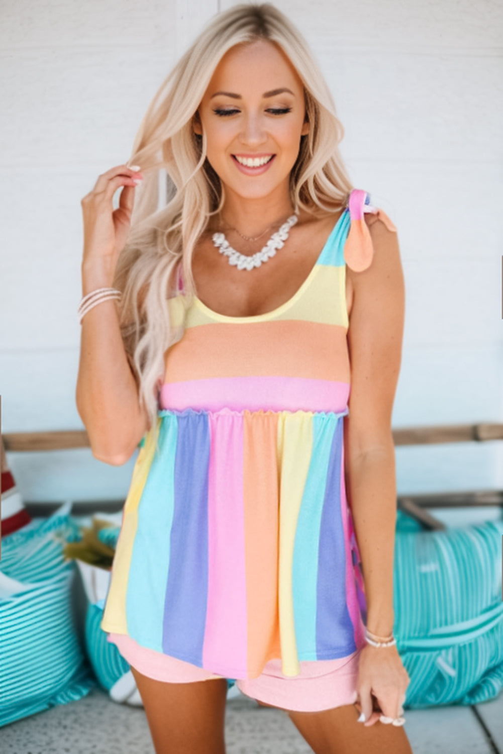 Striped Tie Shoulder Frill Trim Tank-Teresa&#39;s Fashionista LLC