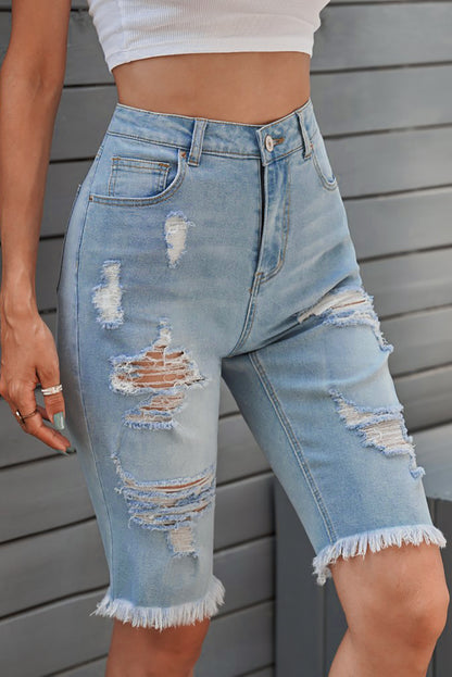 Distressed Raw Hem Denim Bermuda Shorts-Teresa&#39;s Fashionista LLC