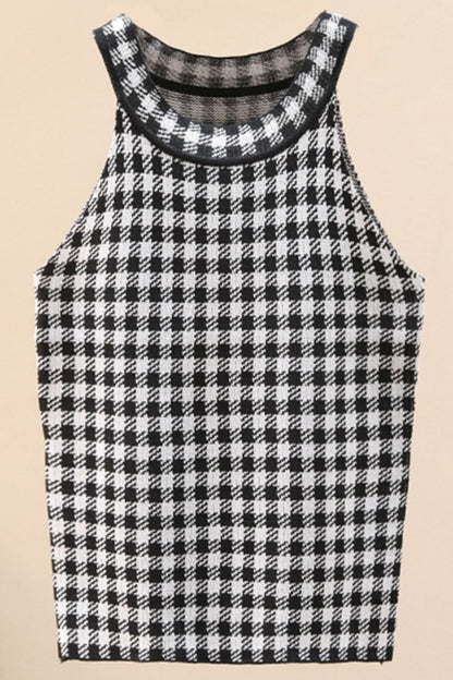 Plaid Round Neck Sleeveless Knit Top-Teresa&#39;s Fashionista LLC