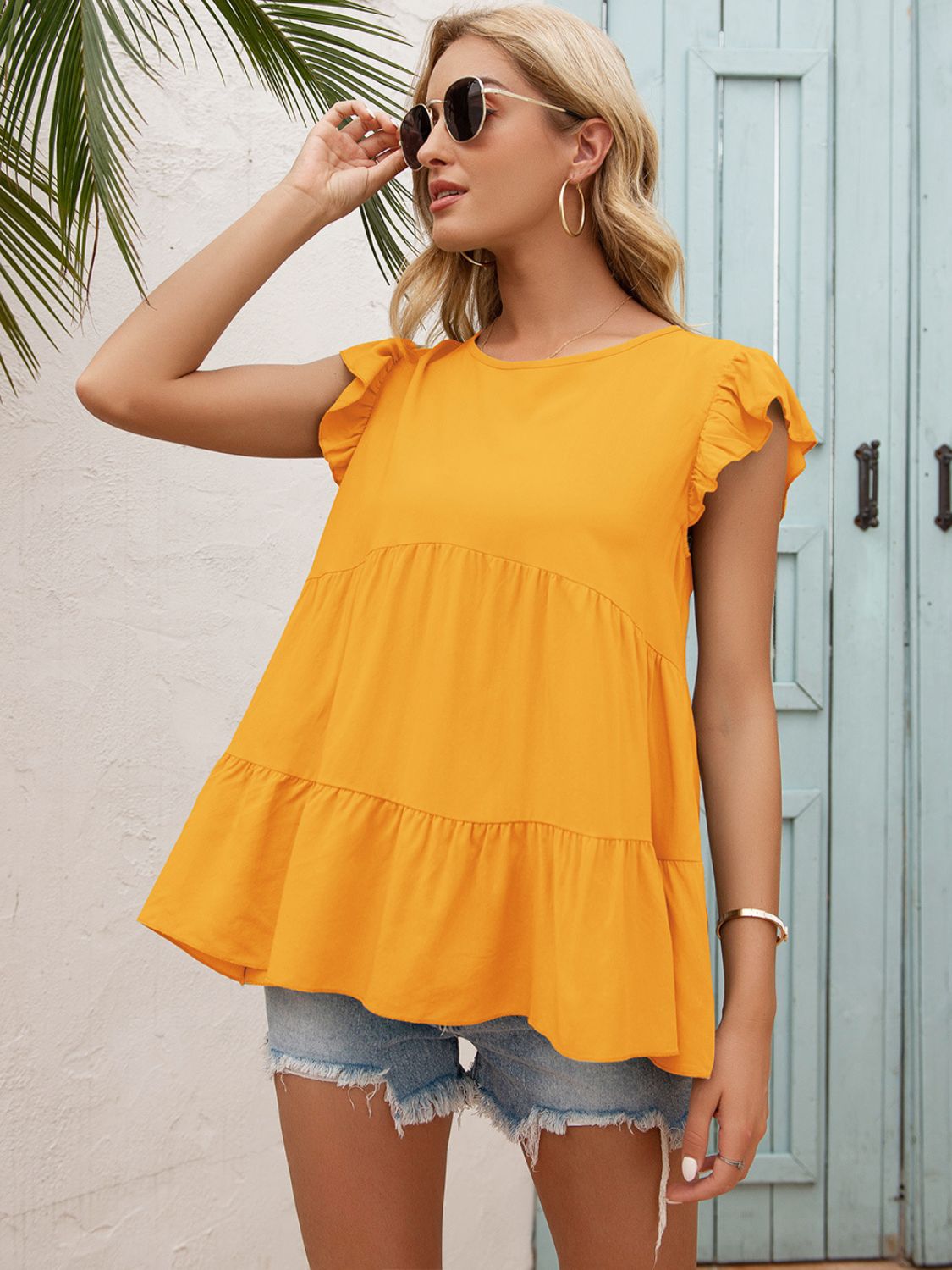 Round Neck Flutter Sleeve Tiered Blouse-Teresa&#39;s Fashionista LLC