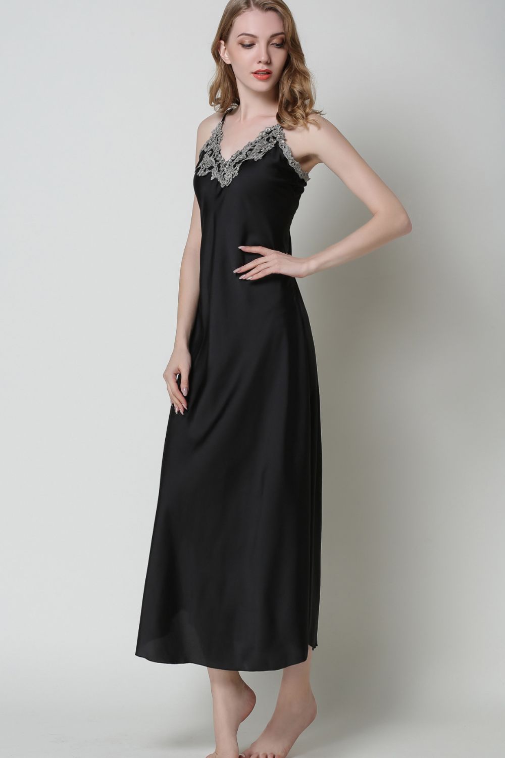 Full Size Lace Trim V-Neck Spaghetti Strap Satin Night Dress-Teresa&#39;s Fashionista LLC