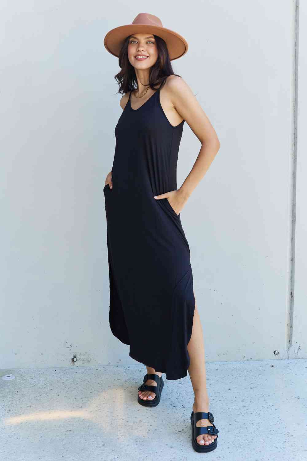 Ninexis Good Energy Full Size Cami Side Slit Maxi Dress in Black-Teresa&#39;s Fashionista LLC