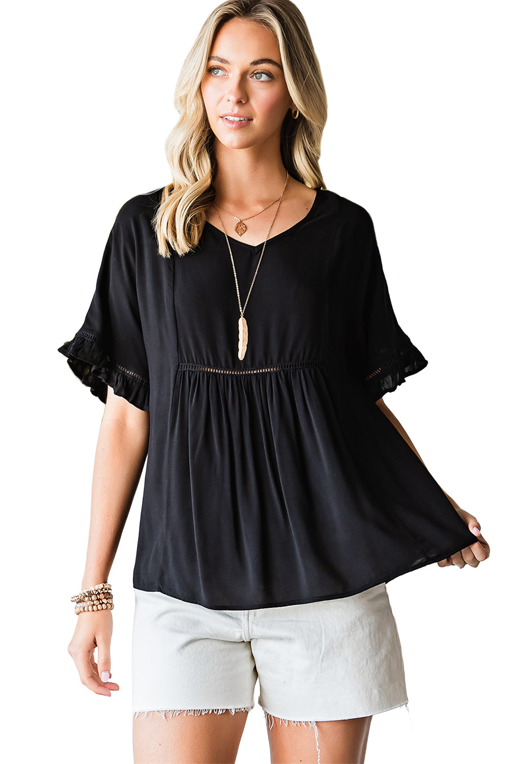 V-Neck Flounce Sleeve Babydoll Blouse-Teresa&#39;s Fashionista LLC