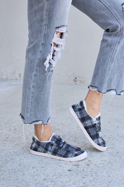 Forever Link Plaid Plush Flat Sneakers-Teresa&#39;s Fashionista LLC