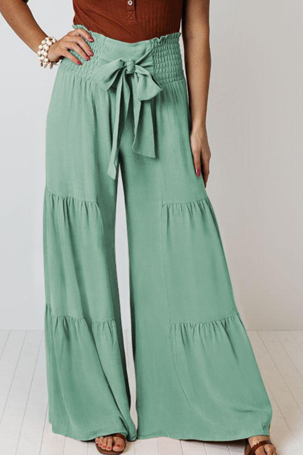 Tie Front Smocked Tiered Culottes-Teresa&#39;s Fashionista LLC