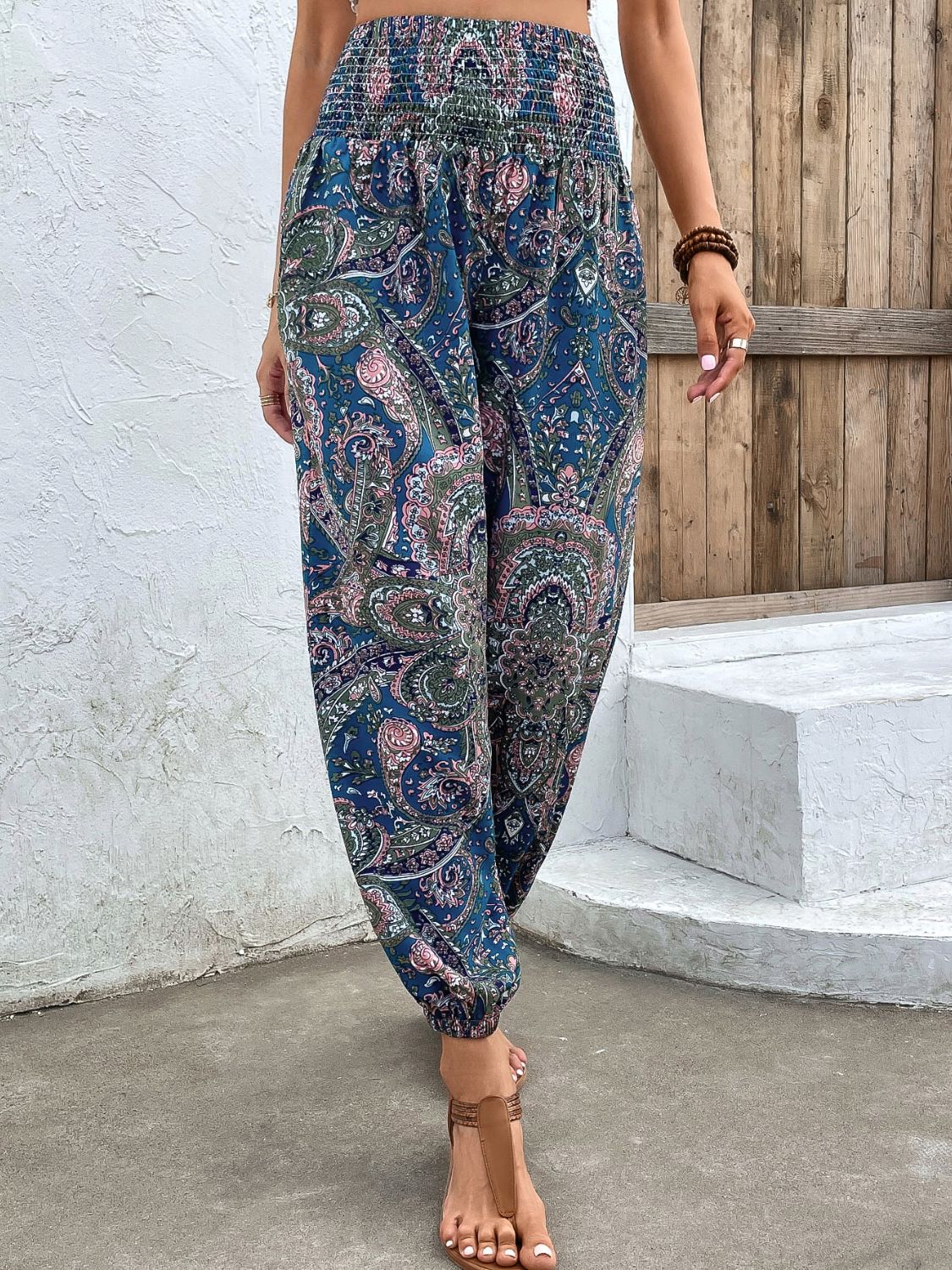 Printed Smocked Waist Pants-Teresa&#39;s Fashionista LLC