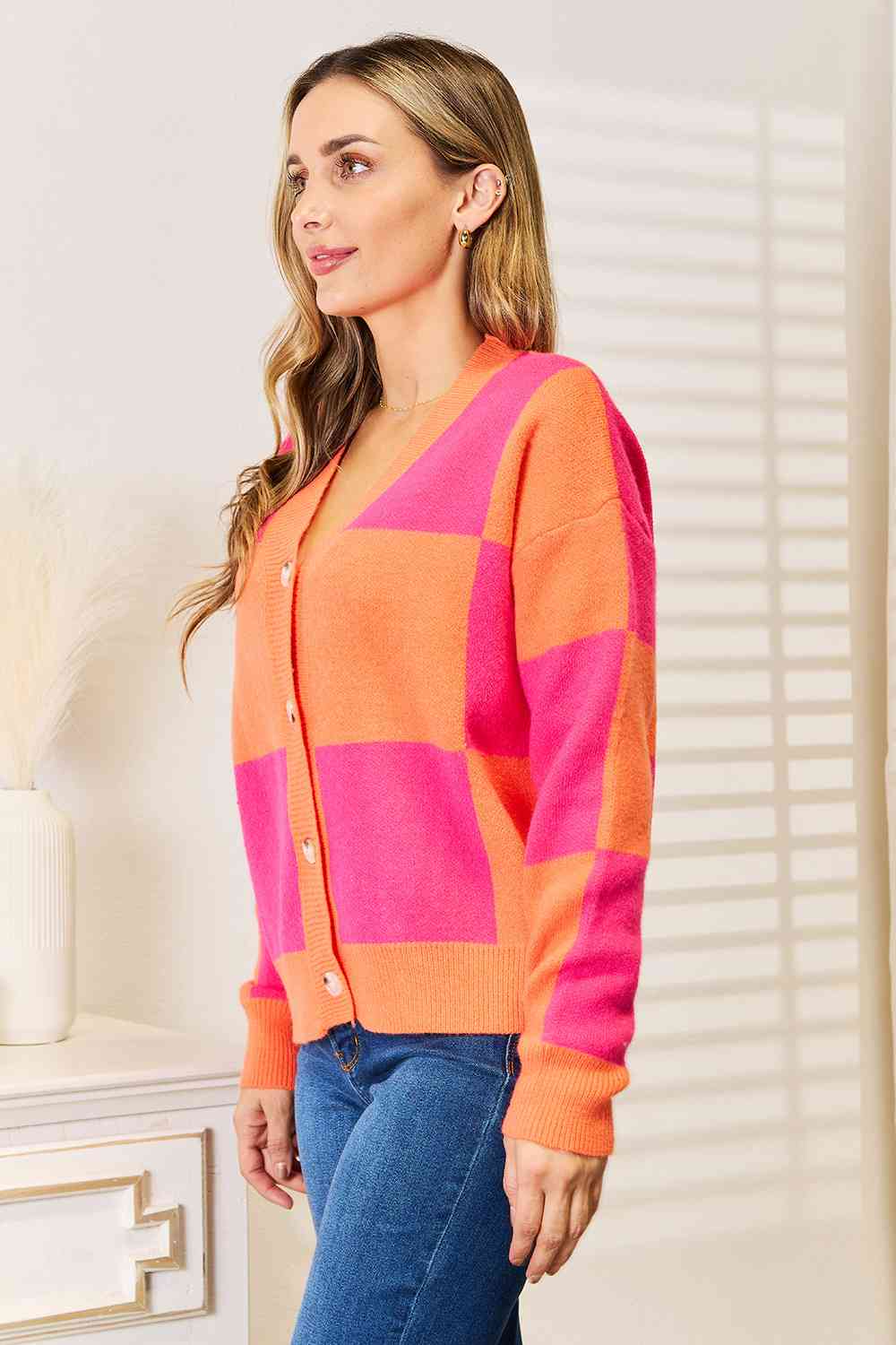 Woven Right Checkered V-Neck Dropped Shoulder Cardigan-Teresa&#39;s Fashionista LLC