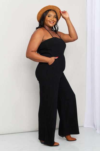 White Birch Full Size Halter Neck Wide Leg Jumpsuit with Pockets-Teresa&#39;s Fashionista LLC