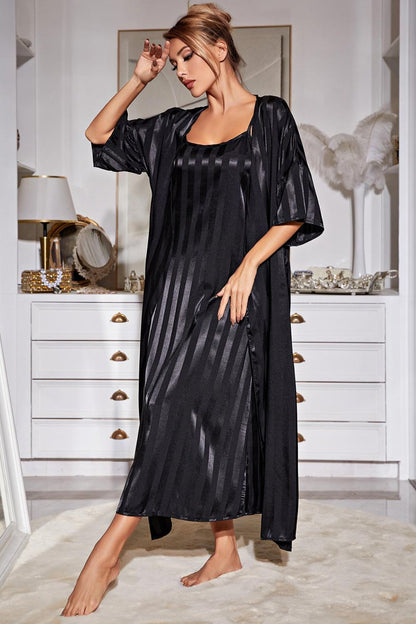 Striped Flounce Sleeve Open Front Robe and Cami Dress Set-Teresa&#39;s Fashionista LLC