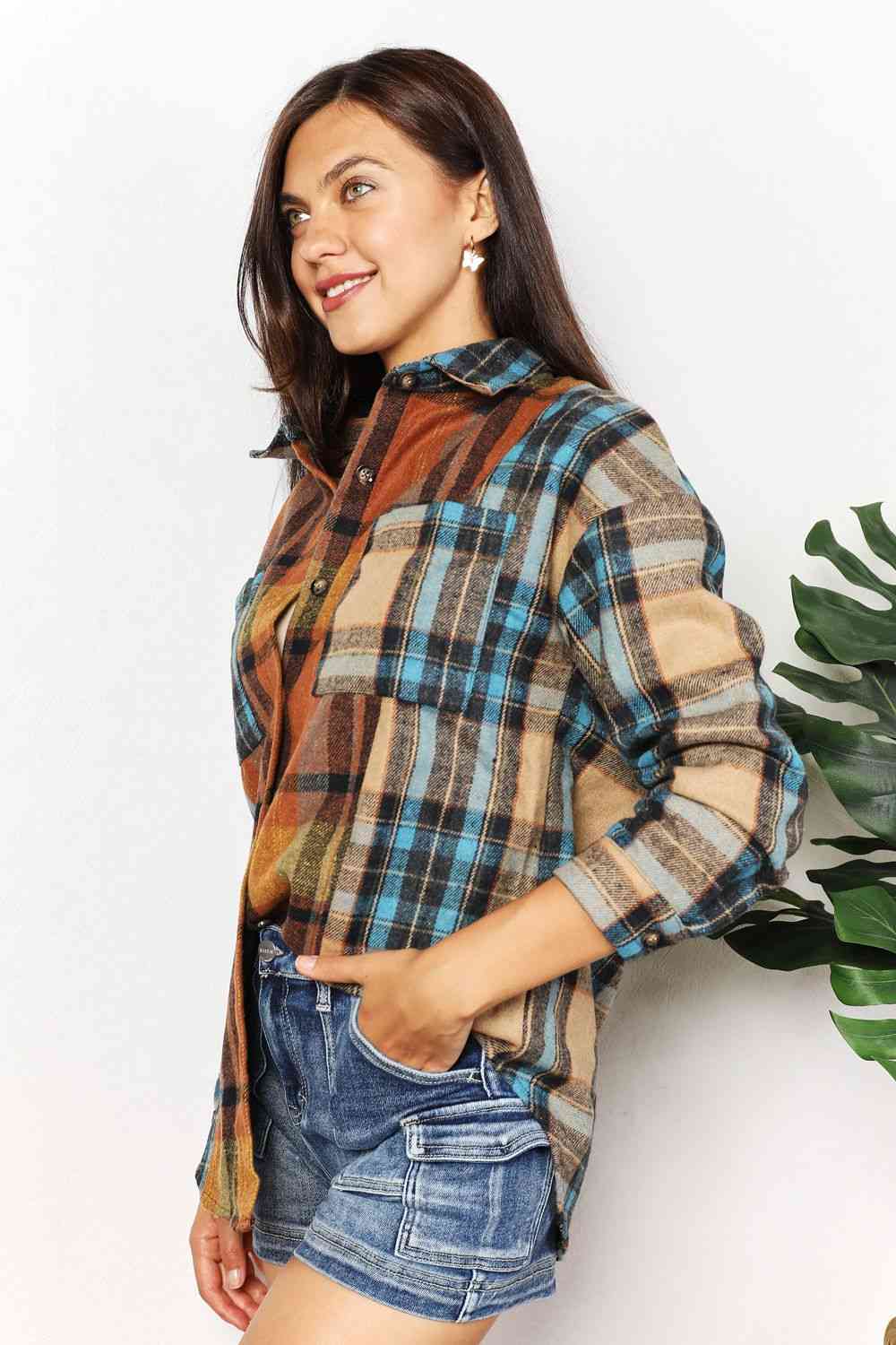 Double Take Plaid Curved Hem Shirt Jacket with Breast Pockets-Teresa&#39;s Fashionista LLC