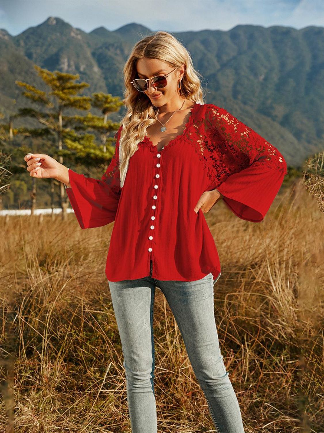 Spliced Lace Buttoned Blouse-Teresa&#39;s Fashionista LLC