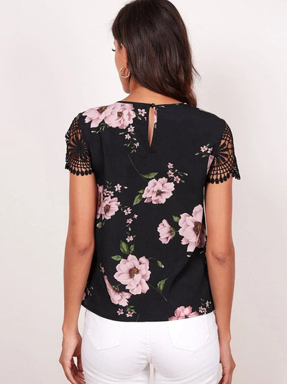 Floral Cutout Round Neck Blouse-Teresa&#39;s Fashionista LLC