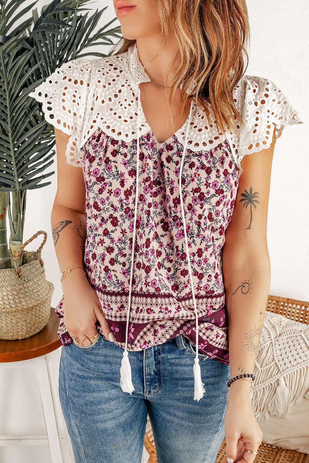 Floral Tassel Tie Eyelet Blouse-Teresa&#39;s Fashionista LLC