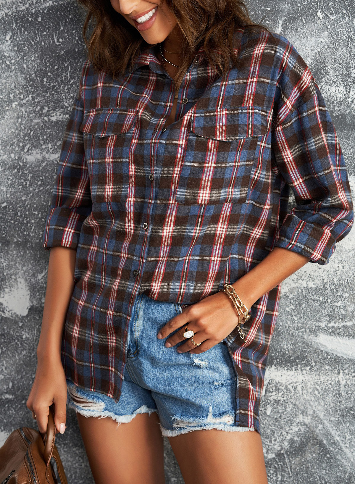 Plaid Slit High-Low Shirt with Pockets-Teresa&#39;s Fashionista LLC