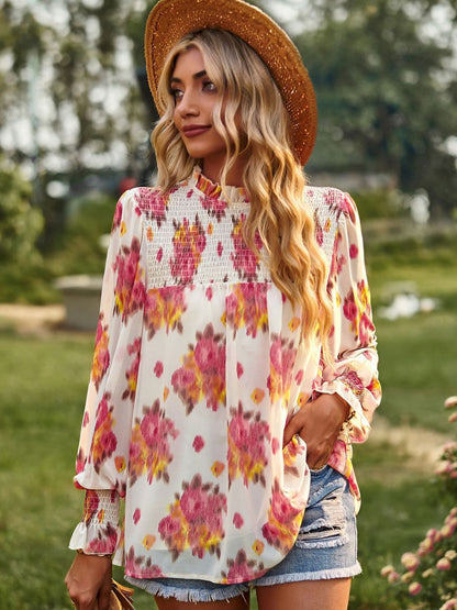 Floral Smocked Lantern Sleeve Blouse-Teresa&#39;s Fashionista LLC