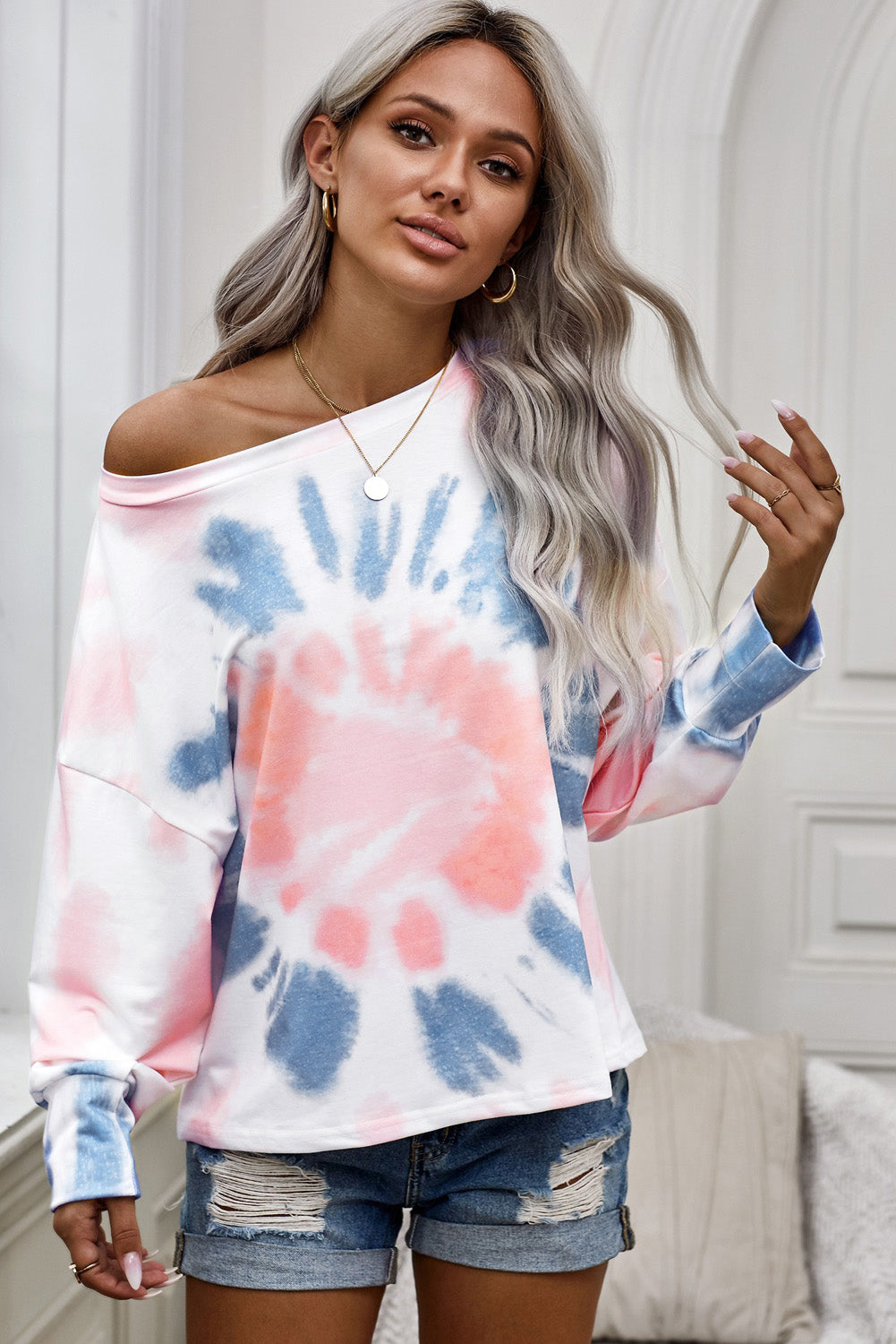 Tie-Dye Boat Neck Batwing Sleeve Tee-Teresa&#39;s Fashionista LLC