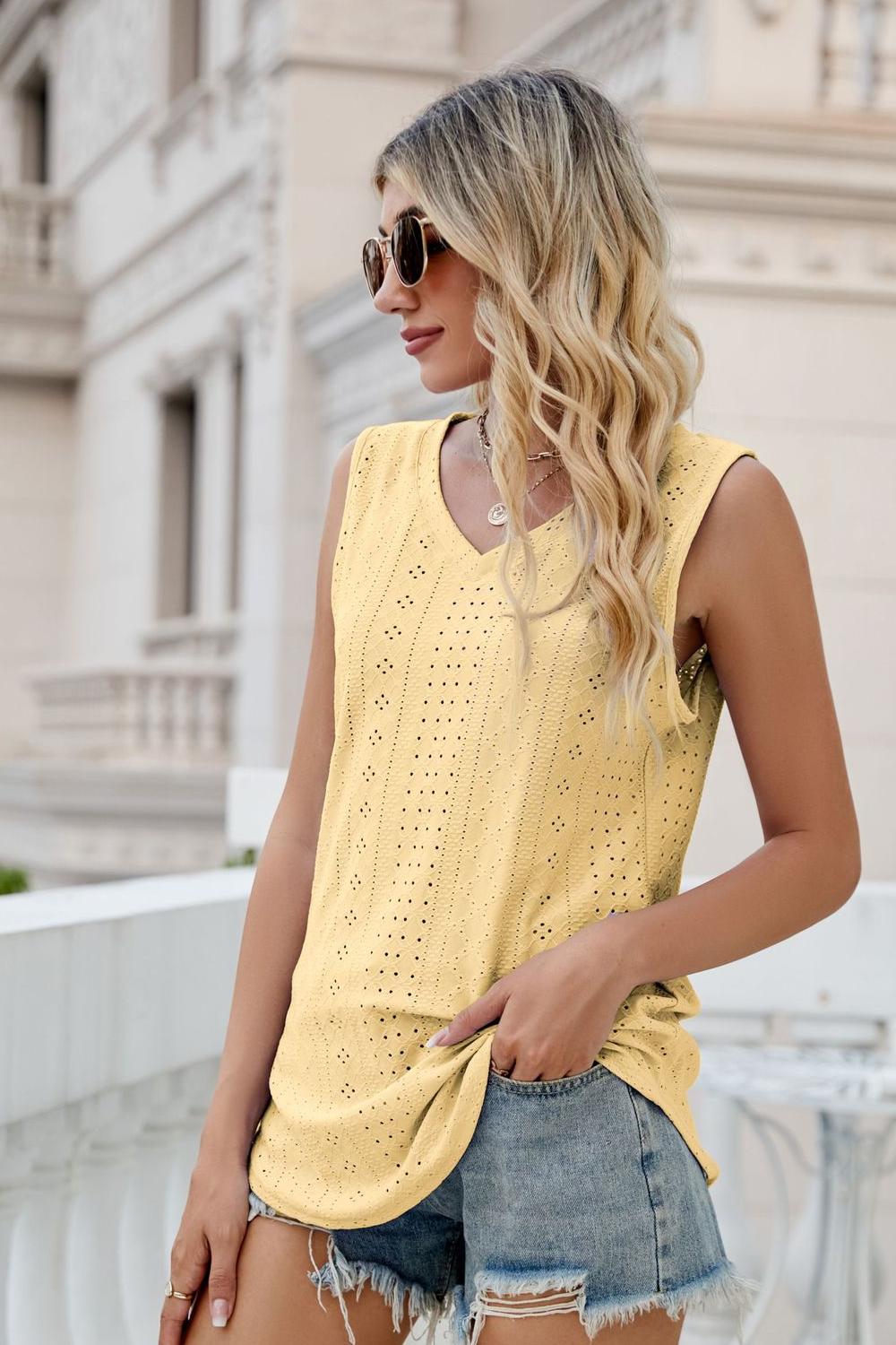 Eyelet V-Neck Tank-Teresa&#39;s Fashionista LLC