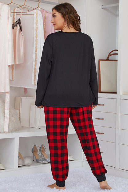 Plus Size Heart Graphic Top and Plaid Joggers Lounge Set-Teresa&#39;s Fashionista LLC