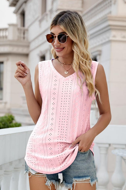 Eyelet V-Neck Tank-Teresa&#39;s Fashionista LLC