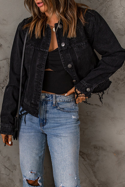 Frayed Trim Button Down Denim Jacket-Teresa&#39;s Fashionista LLC