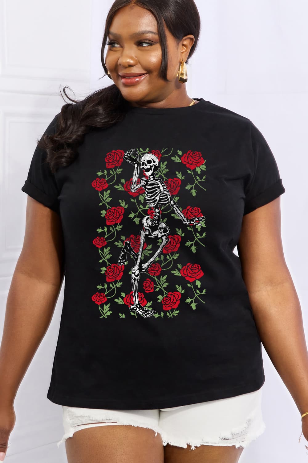 Simply Love Full Size Skeleton & Rose Graphic Cotton Tee-Teresa&#39;s Fashionista LLC