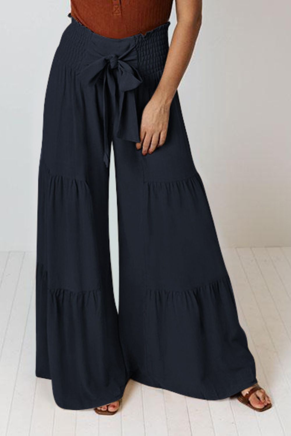 Tie Front Smocked Tiered Culottes-Teresa&#39;s Fashionista LLC