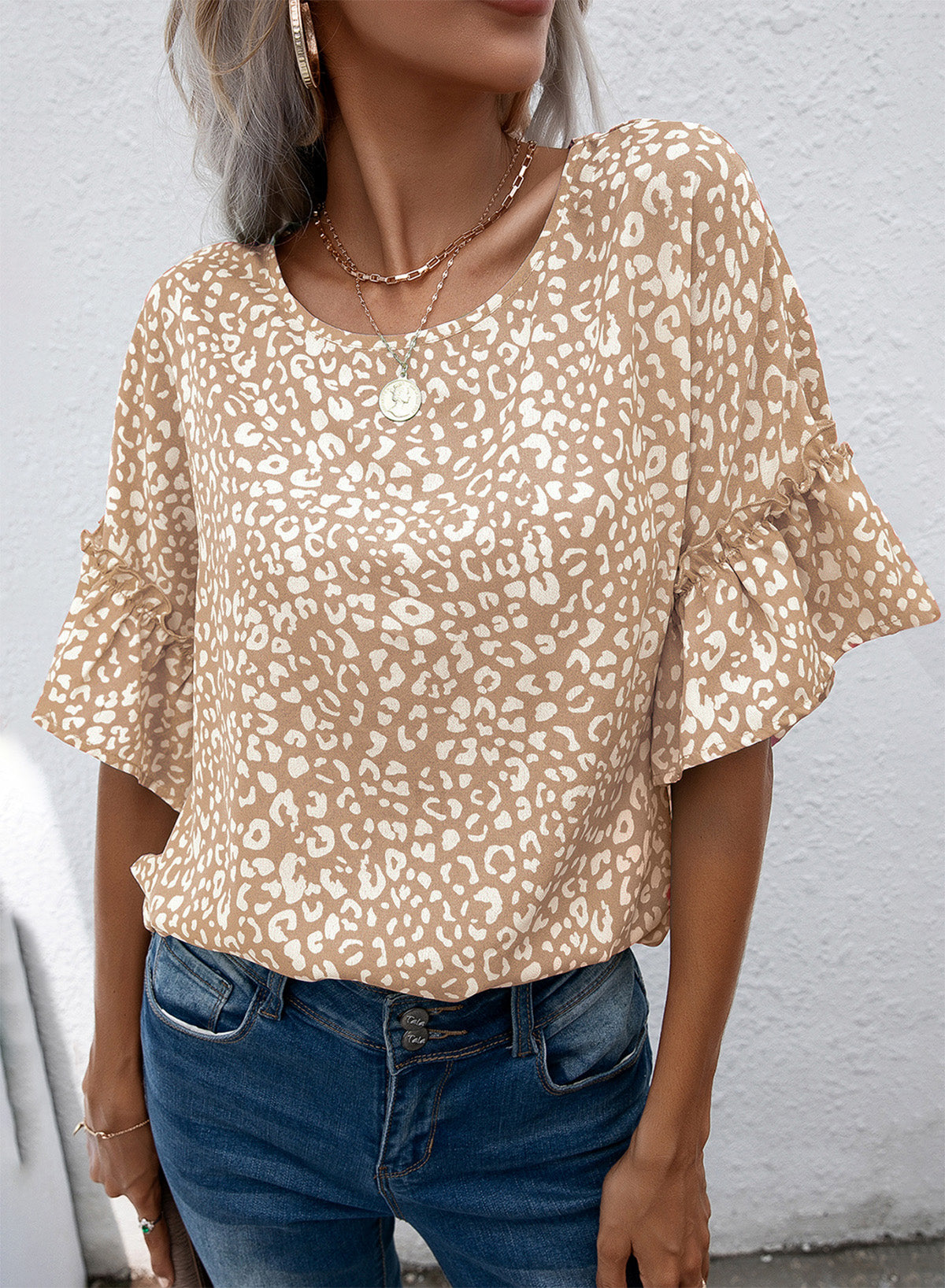 Leopard Round Neck Frill Trim Blouse-Teresa&#39;s Fashionista LLC