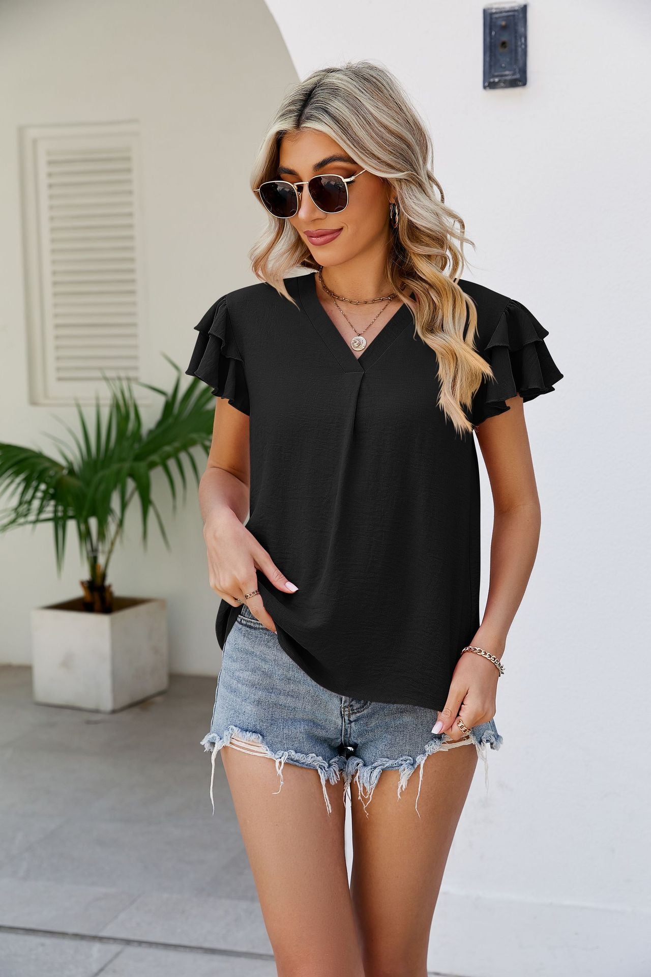 V-Neck Layered Flutter Sleeve Top-Teresa&#39;s Fashionista LLC