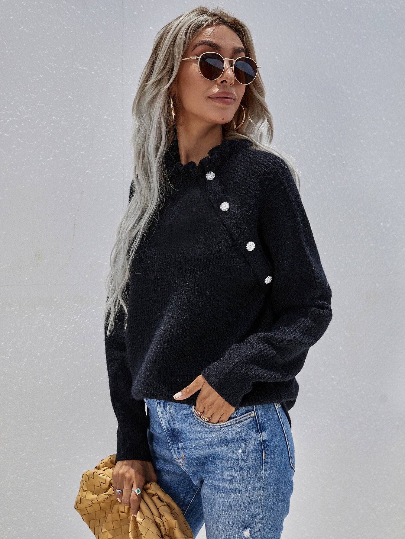 Button Detail Frill Neck Rib-Knit Sweater-Teresa&#39;s Fashionista LLC