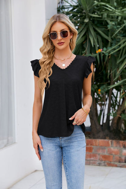 V-Neck Flutter Sleeve Eyelet Top-Teresa&#39;s Fashionista LLC