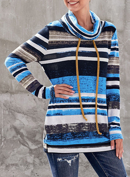 Striped Cowl Neck Tunic Sweatshirt-Teresa&#39;s Fashionista LLC