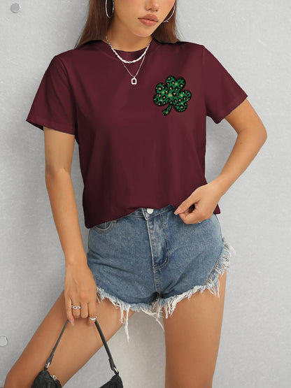 Lucky Clover Round Neck Short Sleeve T-Shirt-Teresa&#39;s Fashionista LLC