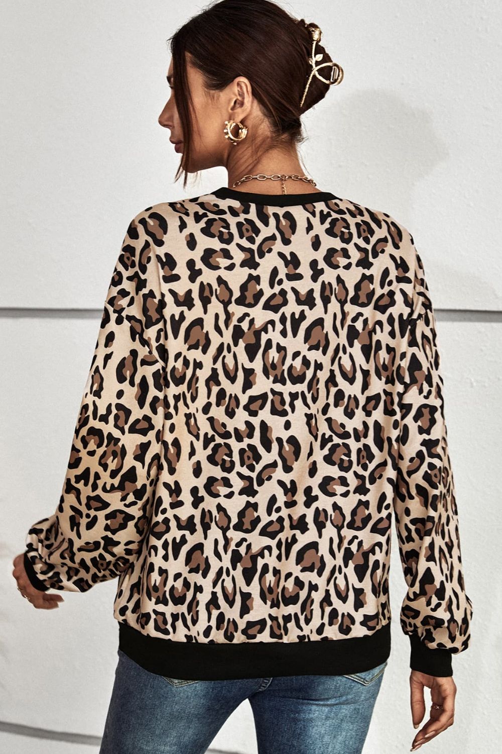 Leopard Round Neck Dropped Shoulder Sweatshirt-Teresa&#39;s Fashionista LLC