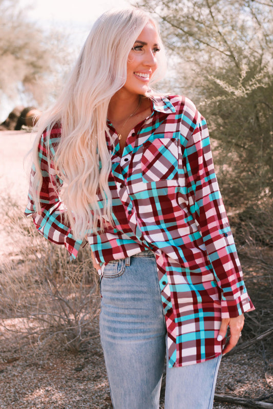 Plaid Button-Up Longline Shirt-Teresa&#39;s Fashionista LLC