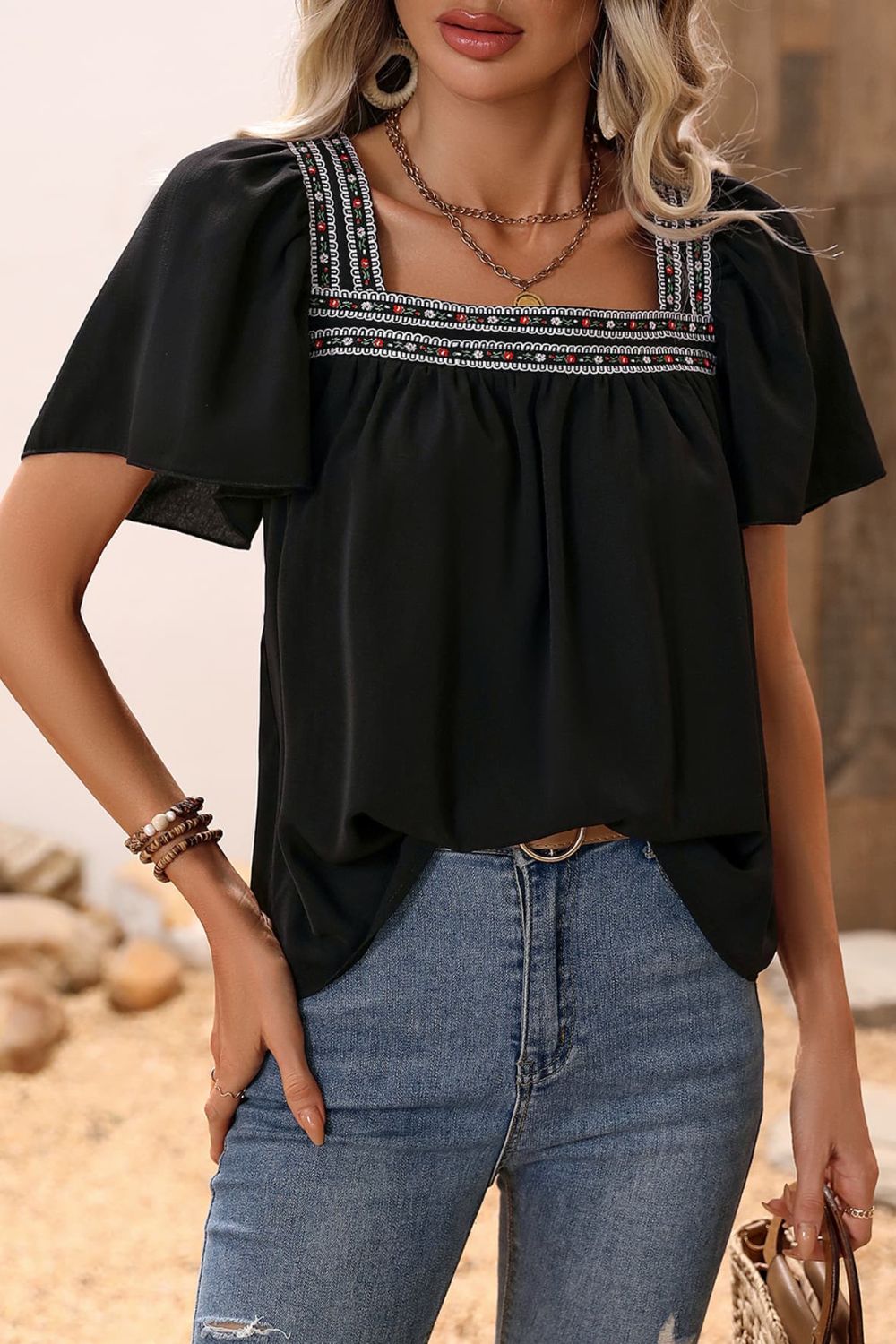 Contrast Square Neck Puff Sleeve Blouse-Teresa&#39;s Fashionista LLC