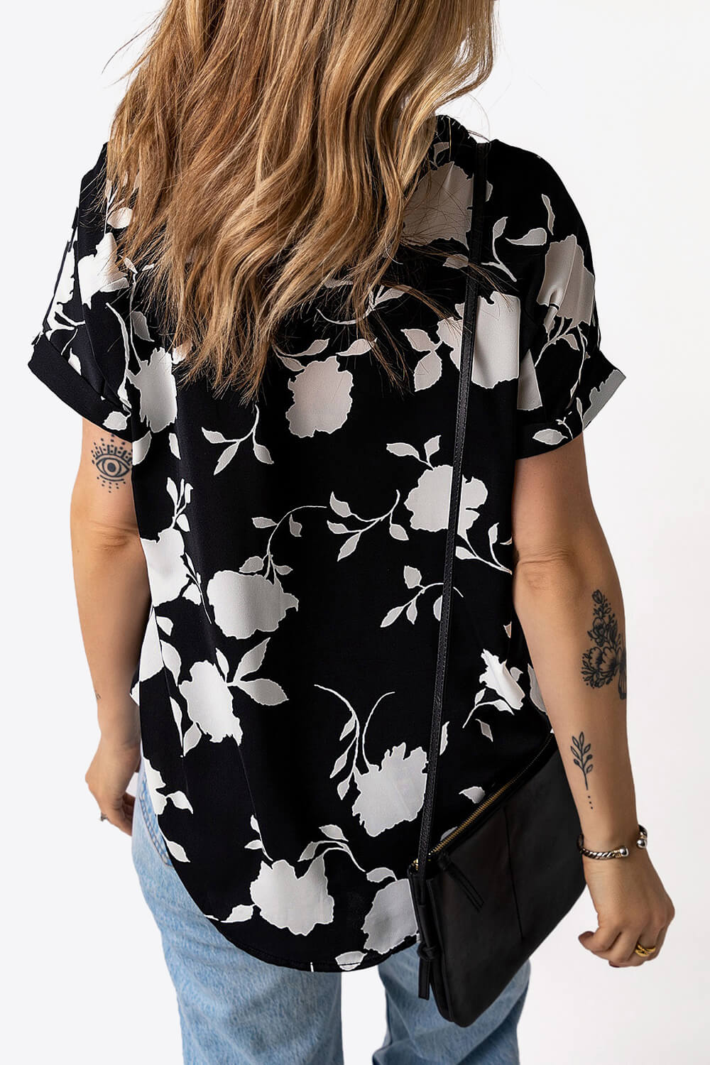 Floral Notched Neck Cuffed Short Sleeve Blouse-Teresa&#39;s Fashionista LLC