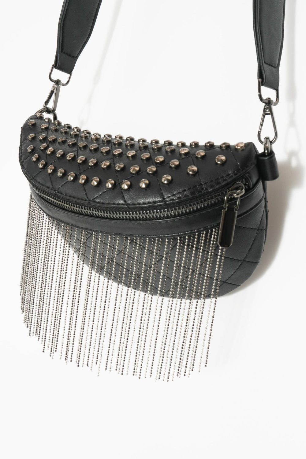 PU Leather Studded Sling Bag with Fringes-Teresa&#39;s Fashionista LLC