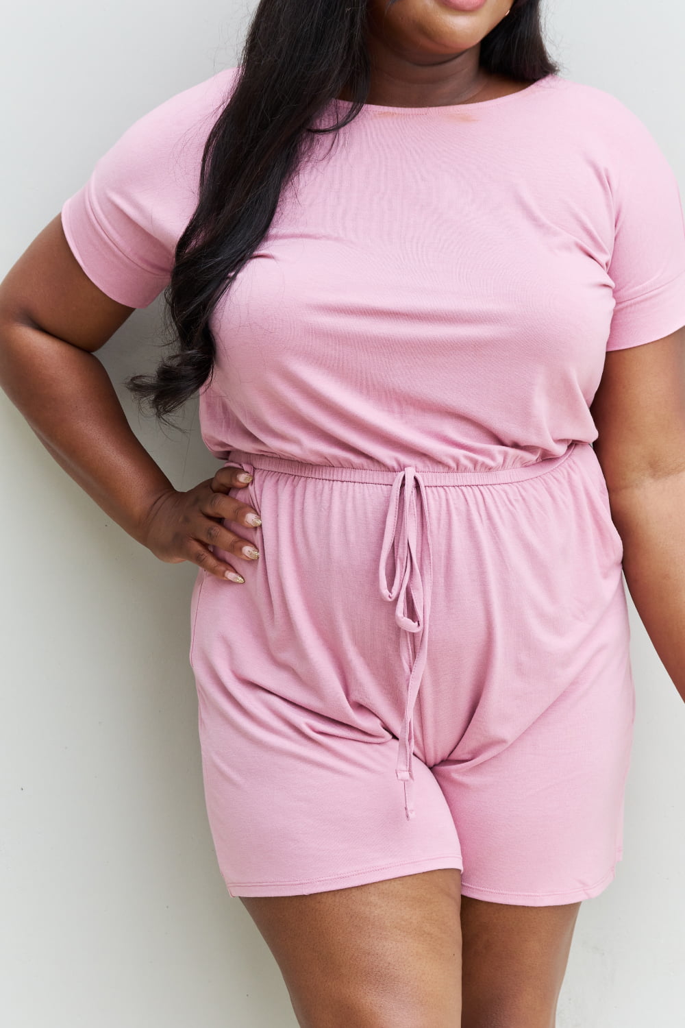 Zenana Chilled Out Full Size Short Sleeve Romper in Light Carnation Pink-Teresa&#39;s Fashionista LLC