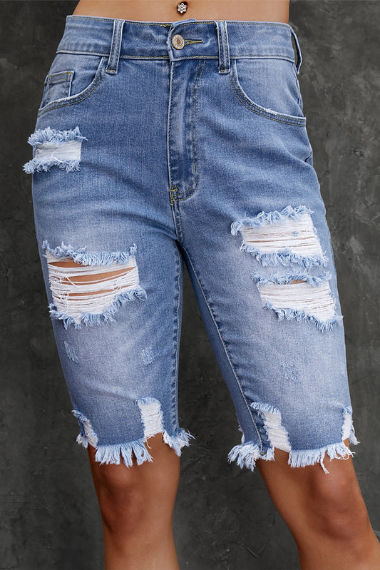 Distressed Frayed Hem Denim Bermuda Shorts-Teresa&#39;s Fashionista LLC