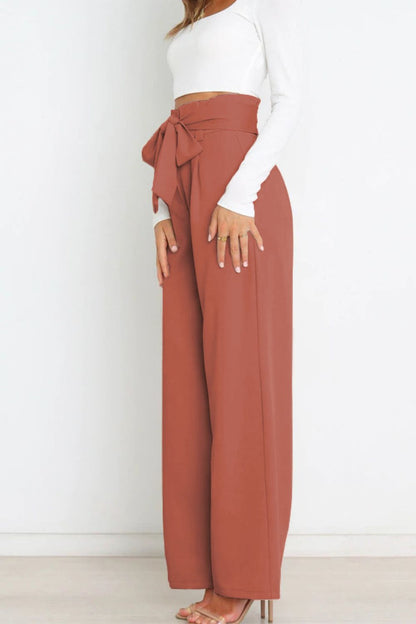 Tie Front Paperbag Wide Leg Pants-Teresa&#39;s Fashionista LLC