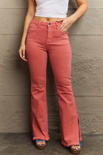 RISEN Bailey Full Size High Waist Side Slit Flare Jeans-Teresa&#39;s Fashionista LLC