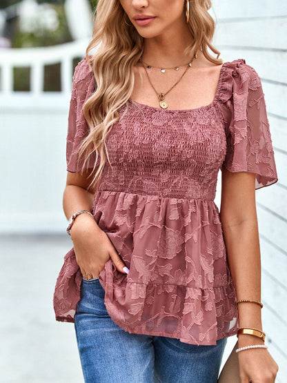 Smocked Square Neck Babydoll Blouse-Teresa&#39;s Fashionista LLC