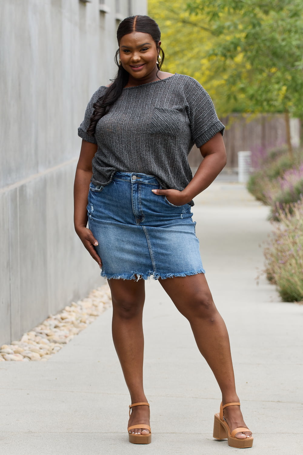 e.Luna Full Size Chunky Knit Short Sleeve Top in Gray-Teresa&#39;s Fashionista LLC