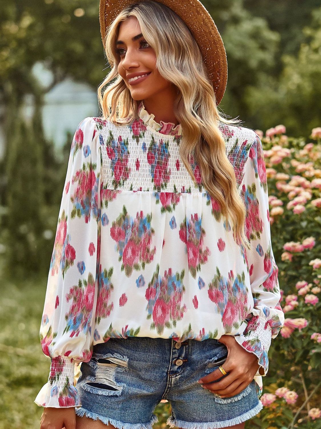 Floral Smocked Lantern Sleeve Blouse-Teresa&#39;s Fashionista LLC