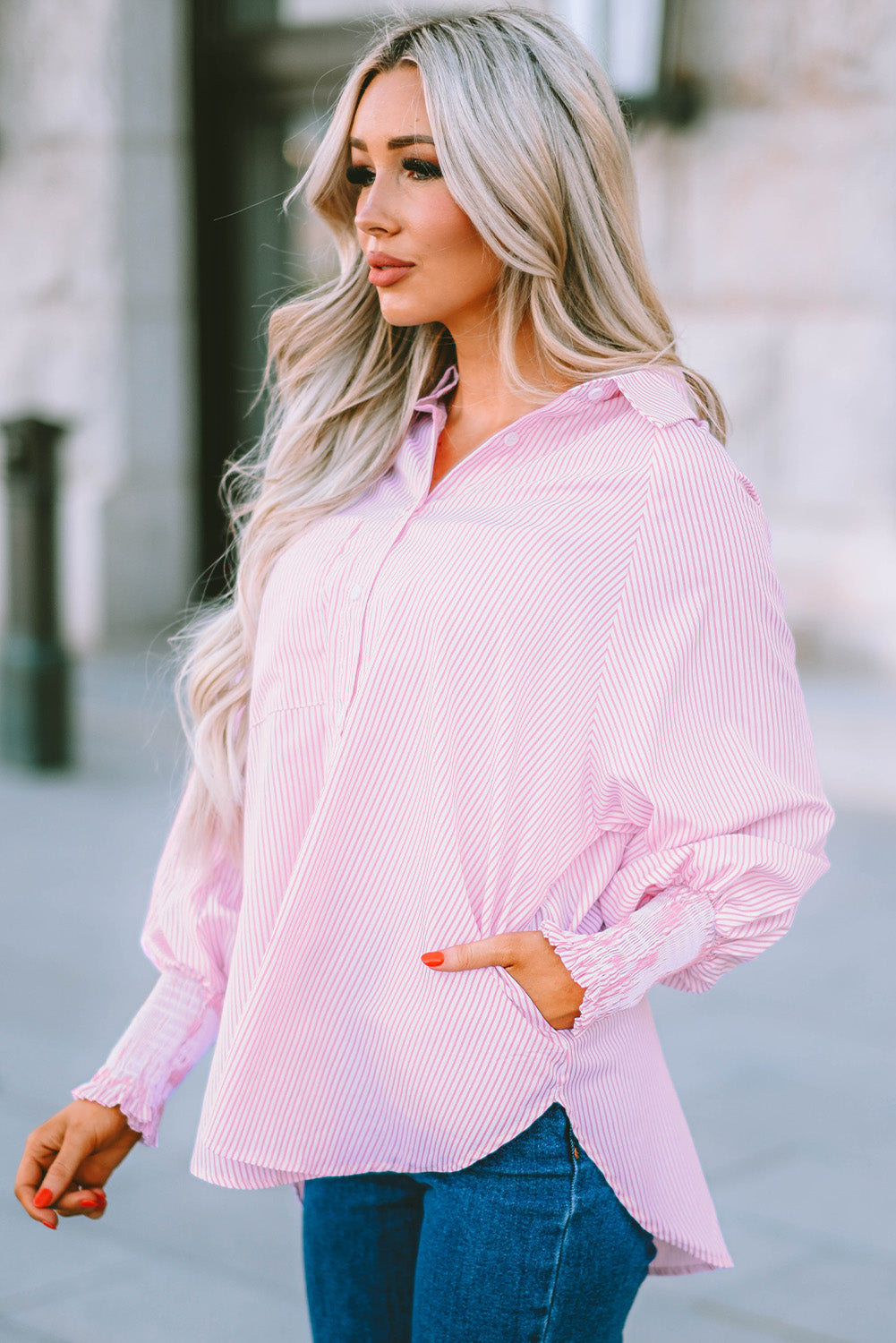 Striped Lantern Sleeve Collared Shirt-Teresa&#39;s Fashionista LLC