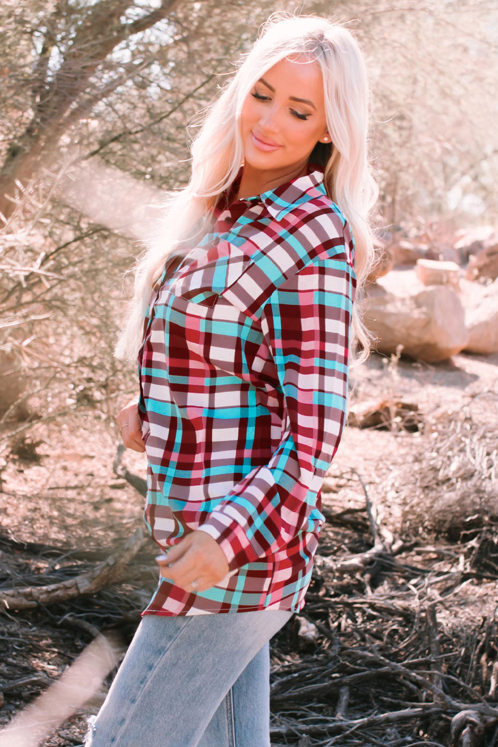 Plaid Button-Up Longline Shirt-Teresa&#39;s Fashionista LLC