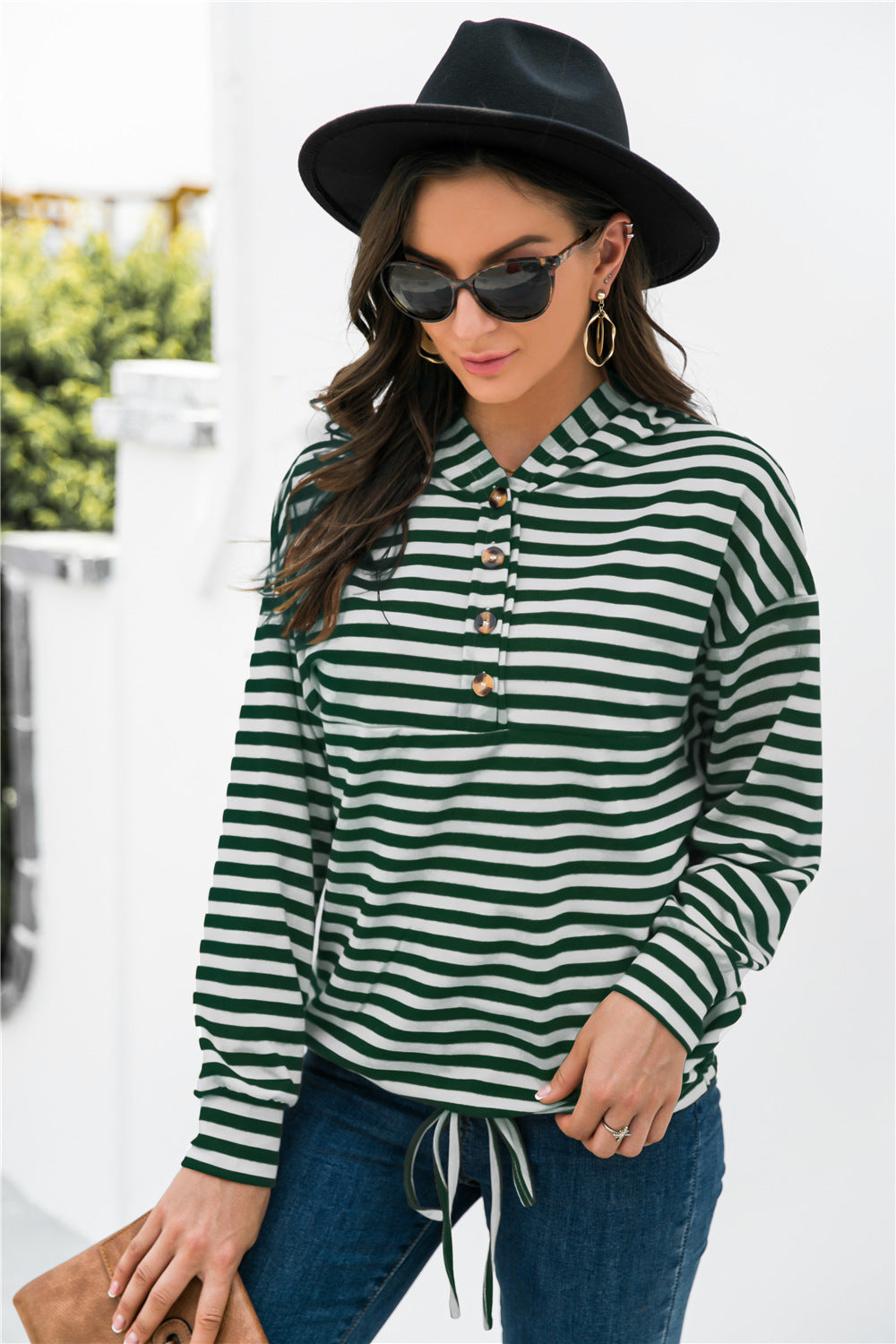 Striped Half-Button Dropped Shoulder Hoodie-Teresa&#39;s Fashionista LLC