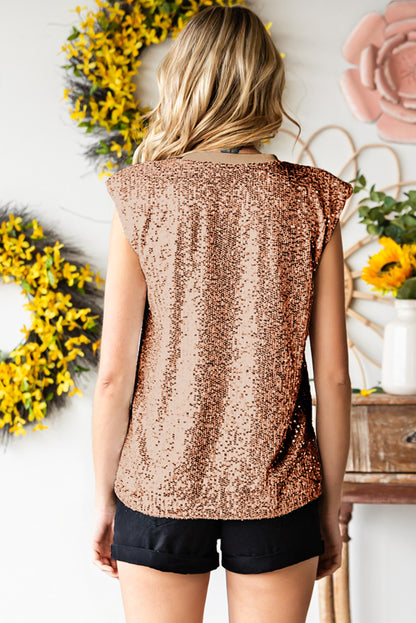 Sequin Round Neck Capped Sleeve Tank-Teresa&#39;s Fashionista LLC