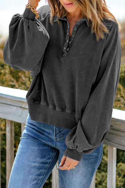 Quarter-Snap Collared Lantern Sleeve Sweatshirt-Teresa&#39;s Fashionista LLC