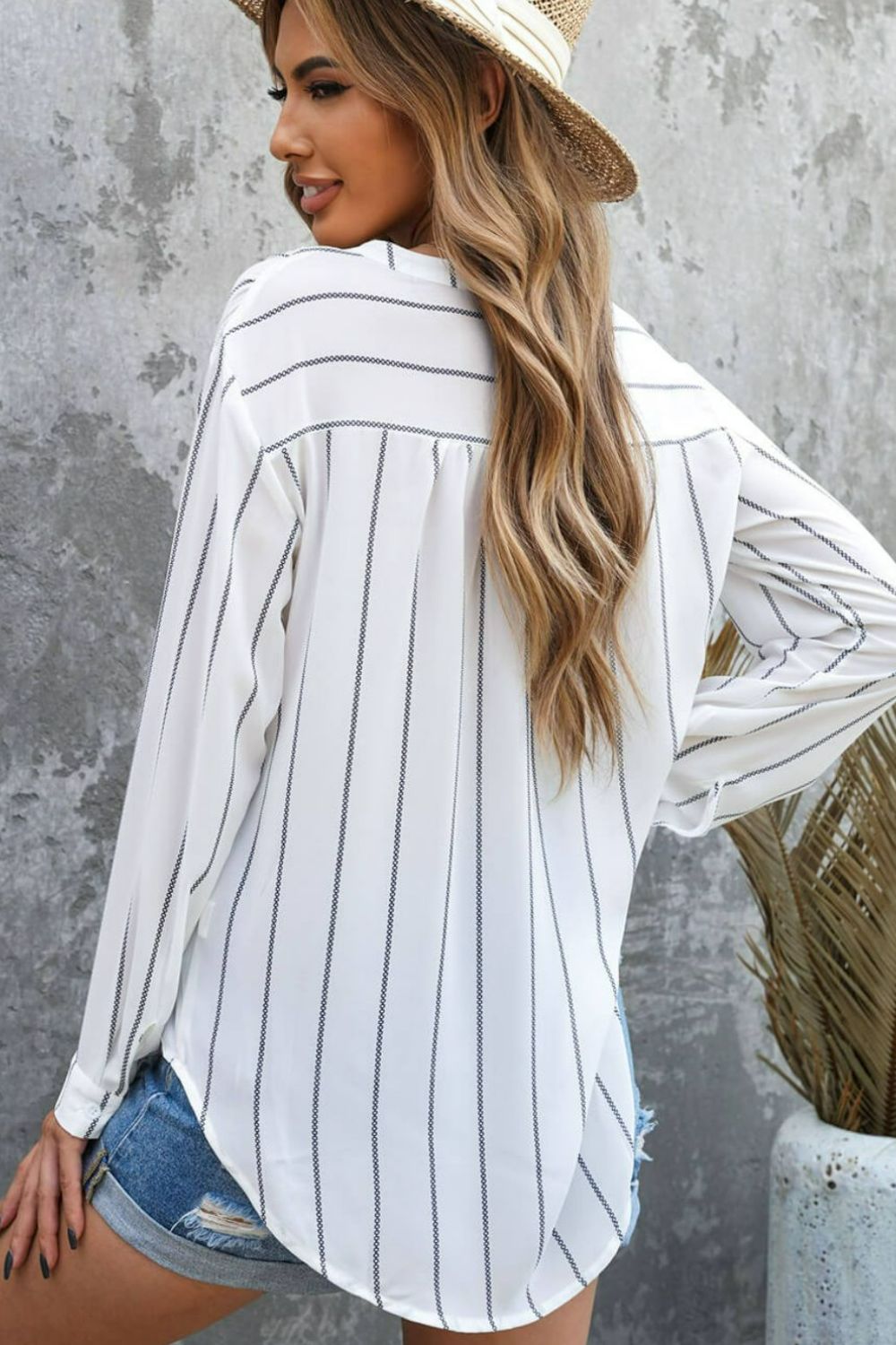 Striped V-Neck High-Low Shirt with Breast Pocket-Teresa&#39;s Fashionista LLC